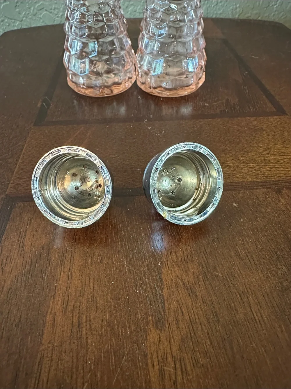 Pink Glass Salt and Pepper Shakers with Silver Tops - Set of 2